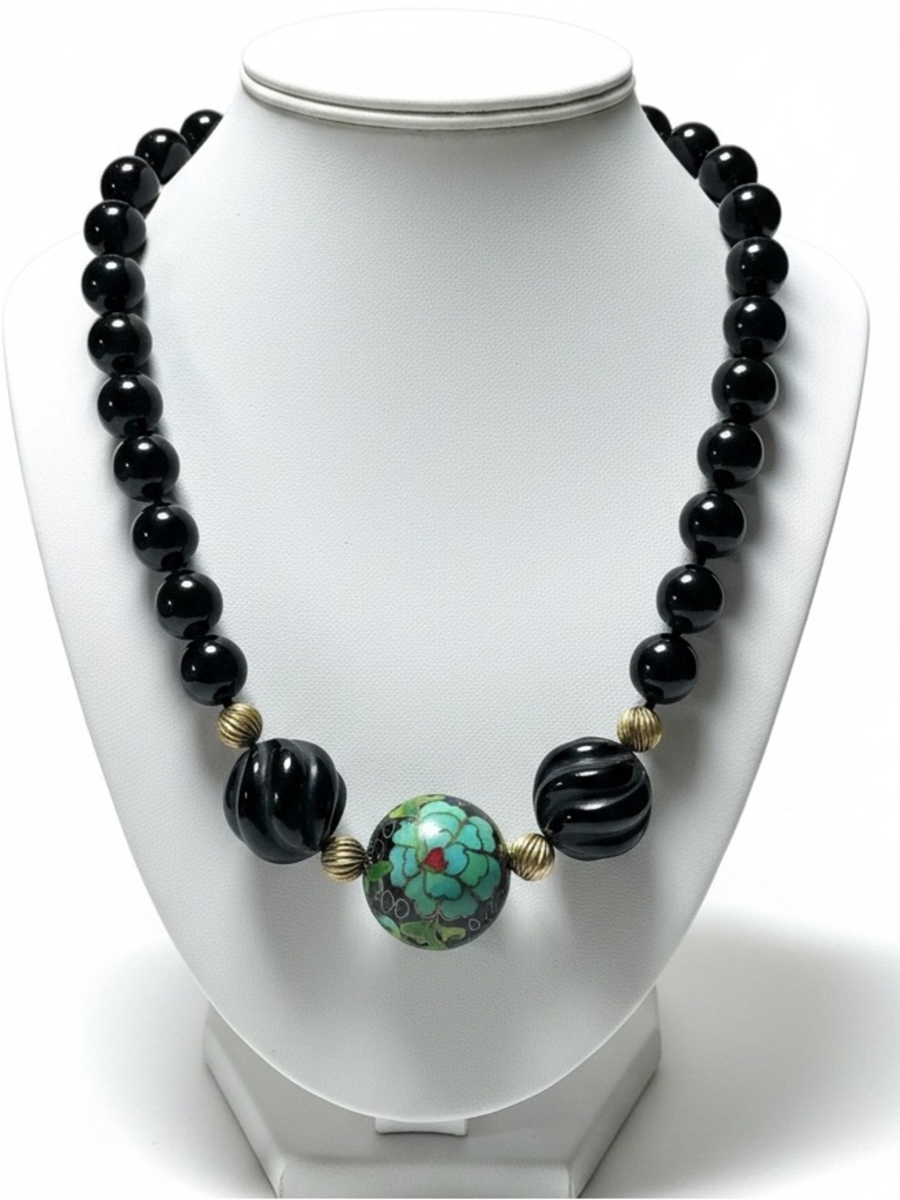 Vintage Chinese Cloisonné Onyx Bead Necklace 10K Gold Clasp Carved Beads